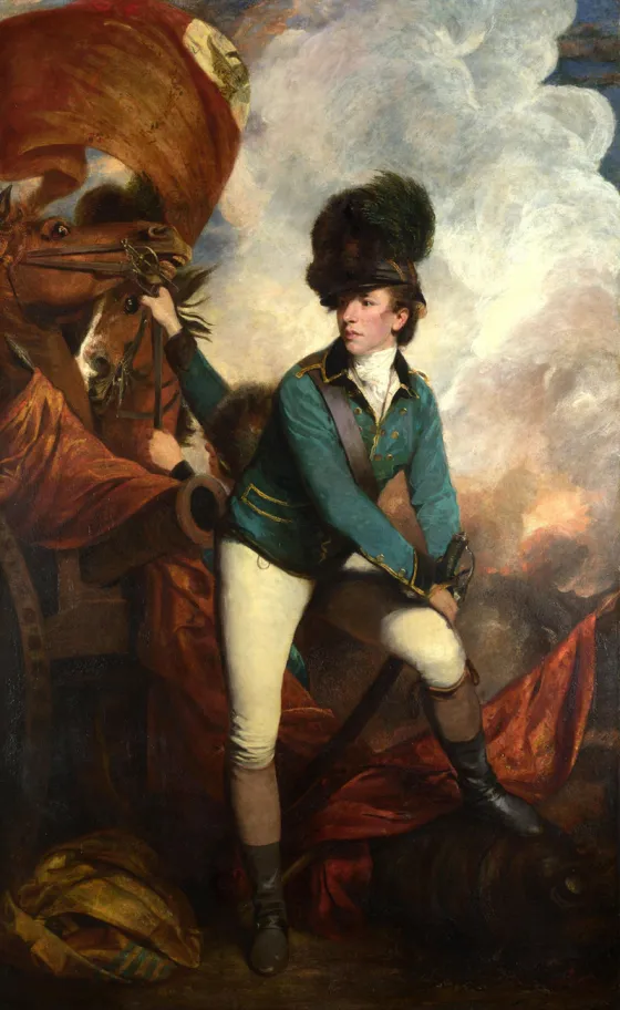 Painting of a man wearing a short green coat posed in front of a cannon and a horse. 